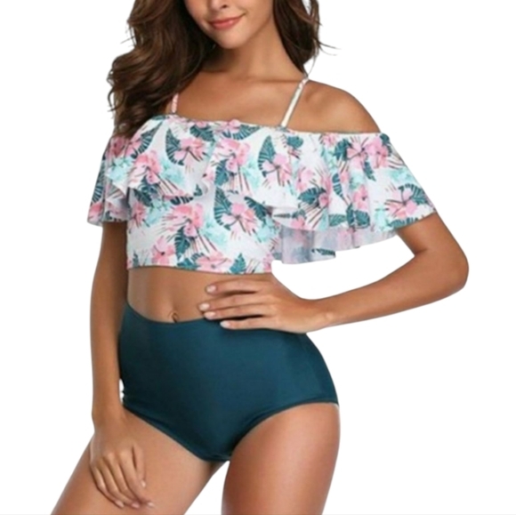 NEW Women's 2-Piece Floral High Waisted Bikini‎ Set - Pink & Blue Size Medium - Picture 1 of 4